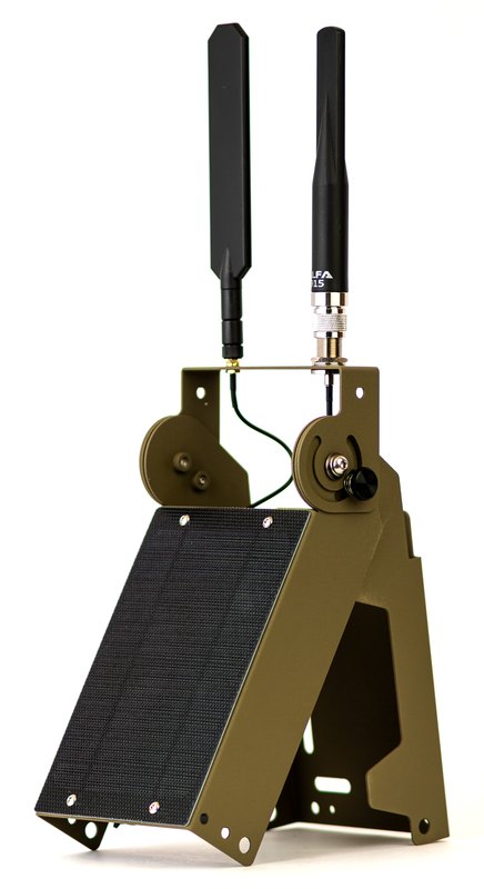 An Atlavox Beacon Solar, an olive-green metal frame standing on its base with a black solar panel across its sloped front and two black antennas rising from the top.