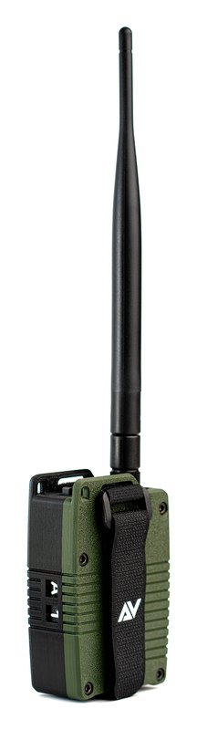 An Atlavox M1, a compact handheld radio in a black and forest-green 3D-printed case, with a tall black antenna screwed into the top.