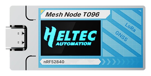 A Heltec Mesh Node T096, a slim board with a USB-C port on one end and a screen beside it.
