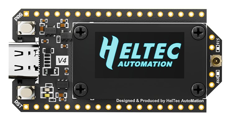 A Heltec WiFi LoRa 32 V4 board, a black development board with a small OLED screen, a USB-C port on the left and an antenna connector on the right.