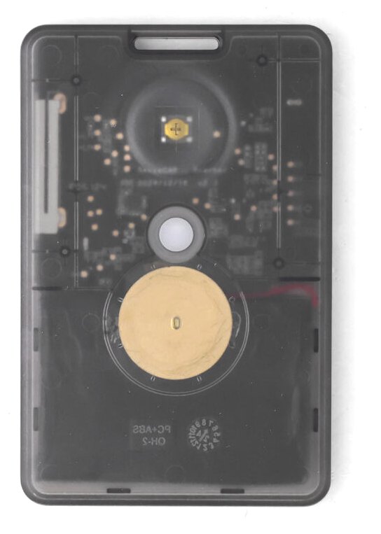 A SenseCap Card Tracker T1000-E, a card-sized node in a smoky translucent case with a lanyard slot at the top and the circuit board and round gold buzzer visible inside.