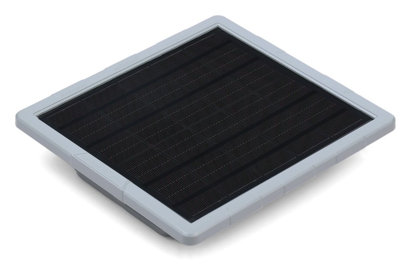 A SenseCap Solar Node P1, a flat light-grey weatherproof case with a black solar panel covering its top, shown at an angle.