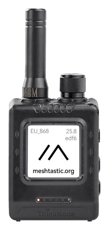 A ThinkNode M1, a black handheld radio with a square e-paper screen on its face, a ridged knob on top and a stubby antenna beside it.
