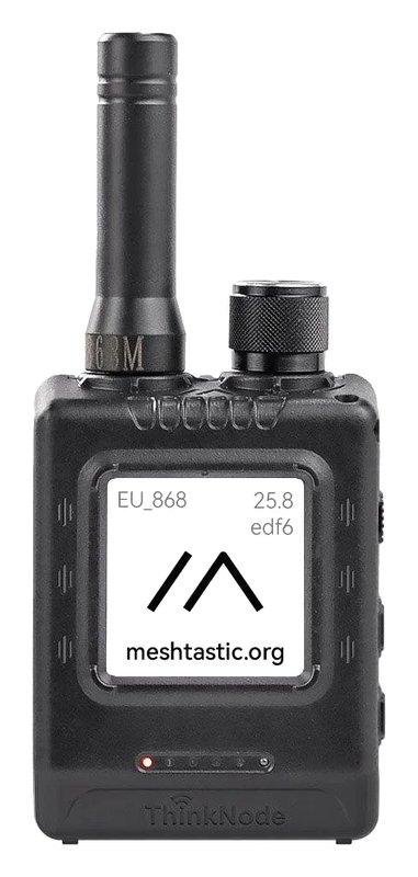A ThinkNode M5, a black handheld radio with a square e-paper screen on its face, a ridged knob on top and a stubby antenna beside it.