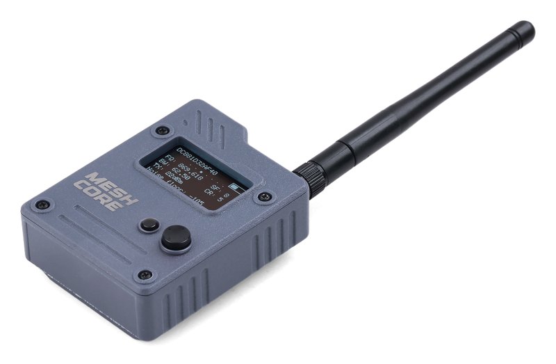 A Wio Tracker L1 Pro, a grey 3D-printed case with a small screen and a round button on its face and a black antenna angled up from one side.
