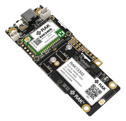 A WisMesh High Power Booster Kit: a RAK base board carrying a core module and, beside it, a larger RAK13302 booster module.