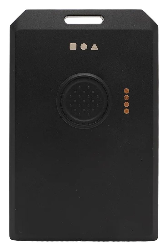 A black WisMesh Tag, a card-sized node with a lanyard slot at the top, a round button on the front and charging contacts on the right edge.
