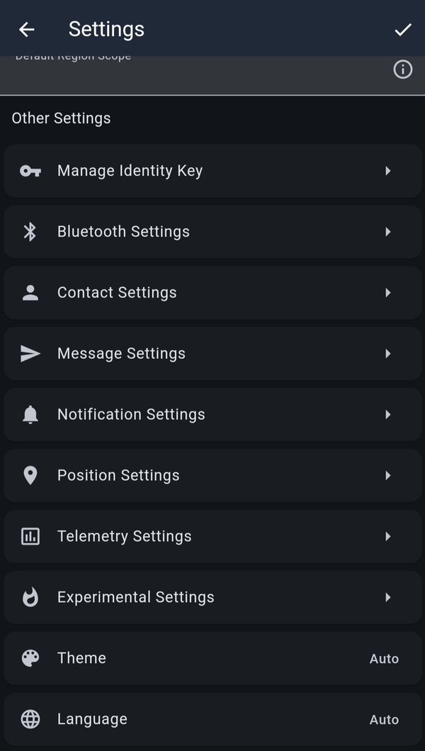 The Other Settings list, showing rows for Manage Identity Key, Bluetooth, Contact, Message, Notification, and Position Settings.