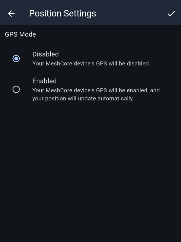 The Position Settings screen showing GPS Mode with two options, Disabled and Enabled, and Disabled selected.
