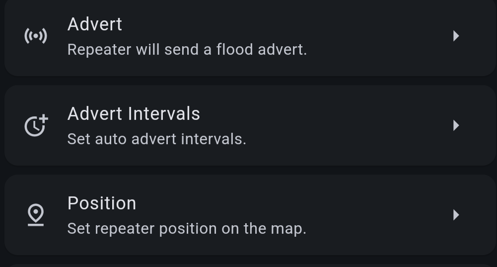 The Repeater Admin settings list showing Advert, which sends a flood advert, then Advert Intervals for setting auto advert intervals, then Position.