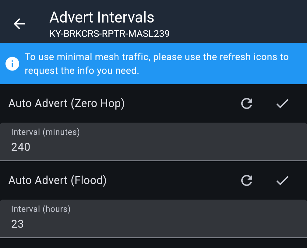The Advert Intervals screen with Auto Advert (Zero Hop) set to an interval of 240 minutes and Auto Advert (Flood) set to an interval of 23 hours, each with a refresh icon and a check mark.