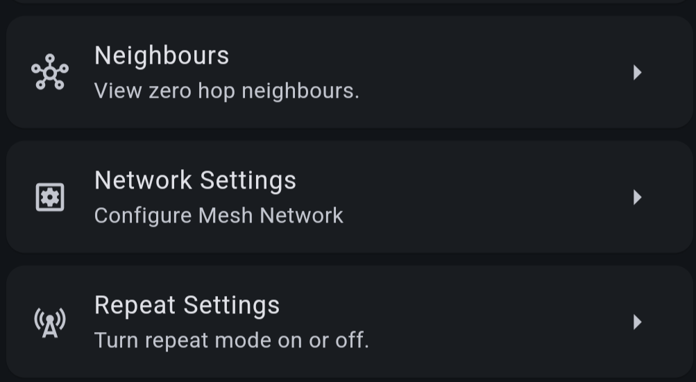 The Repeater Admin settings list, with a Network Settings row labelled 'Configure Mesh Network' between Neighbours and Repeat Settings.