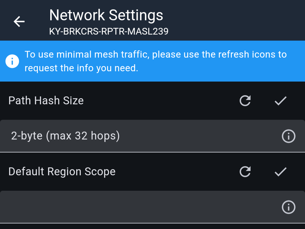 The repeater's Network Settings screen showing Path Hash Size with a refresh icon and a check mark, currently set to 2-byte (max 32 hops).