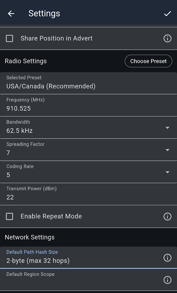 The MeshCore Settings screen. 'Share Position in Advert' sits at the top as an unchecked checkbox, above Radio Settings and Network Settings.